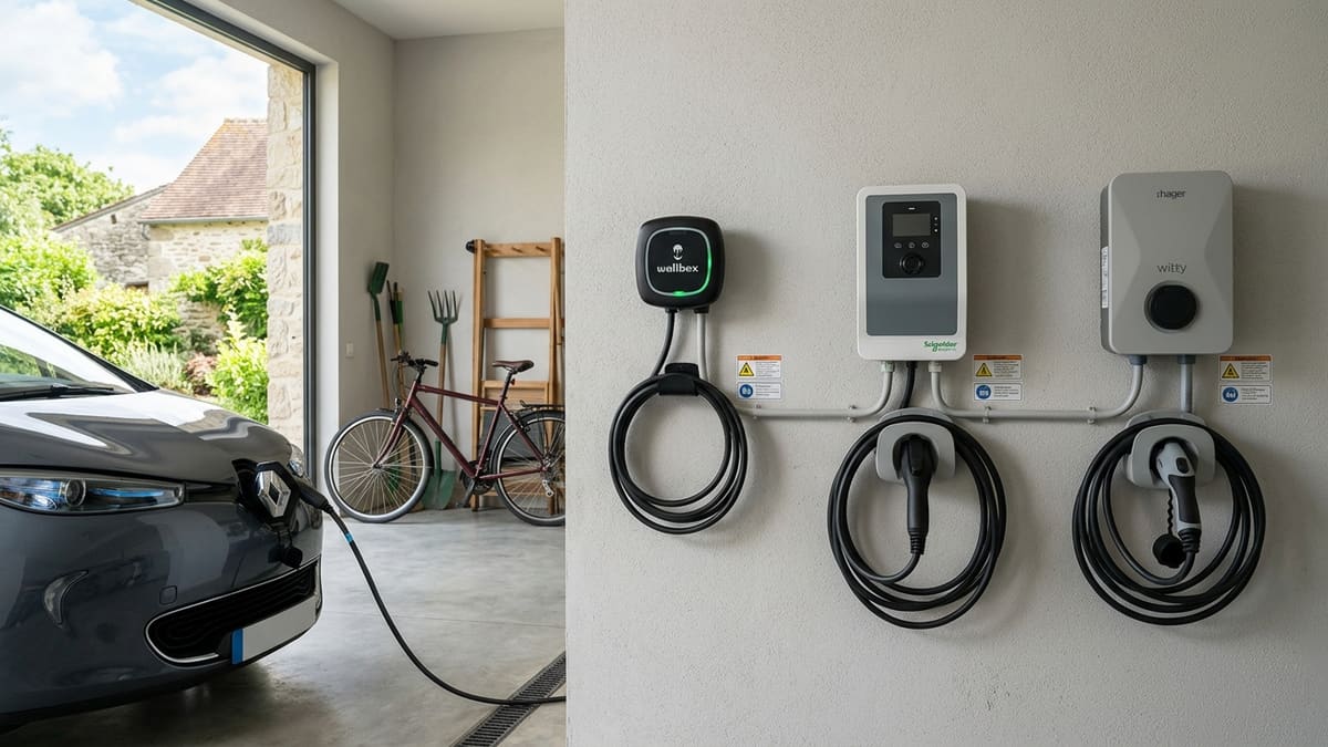 Comparatif de plusieurs bornes de recharge pour voiture électrique installées sur un mur de garage.