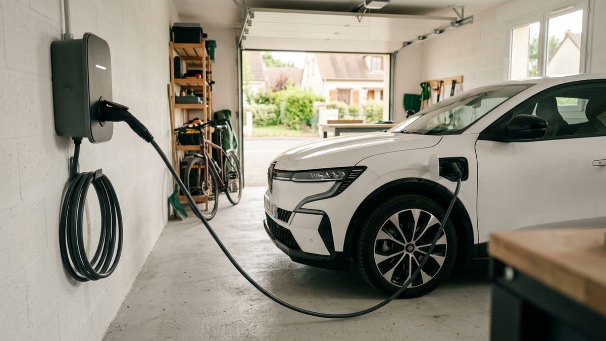 Une borne de recharge murale (wallbox) montrant l'ampérage nécessaire pour recharger une voiture électrique dans un garage moderne français.