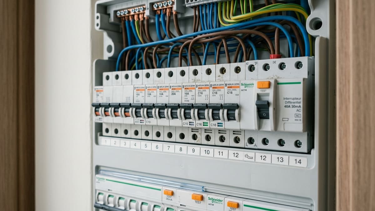 Tableau électrique français avec un disjoncteur dédié à la recharge d'un véhicule électrique, illustrant l'importance de l'ampérage.