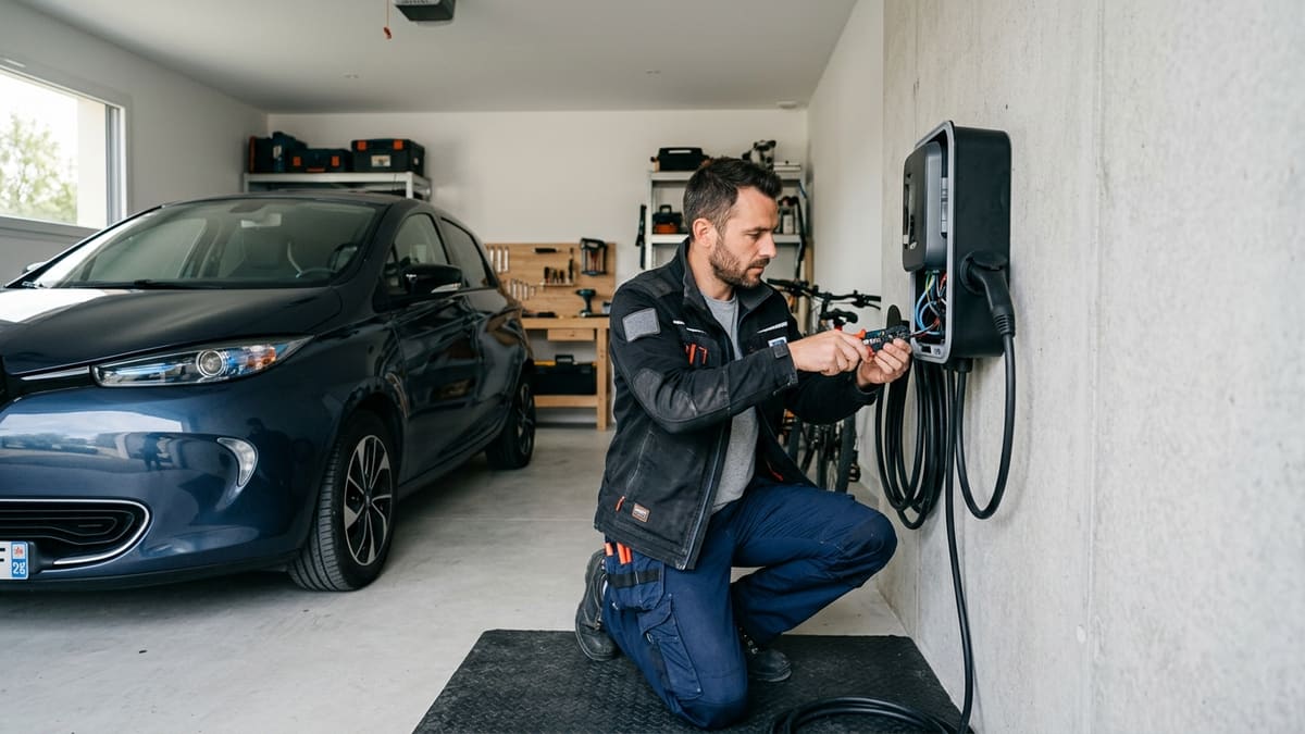 Électricien certifié IRVE en train de réaliser l'installation d'une Wallbox dans un garage français.
