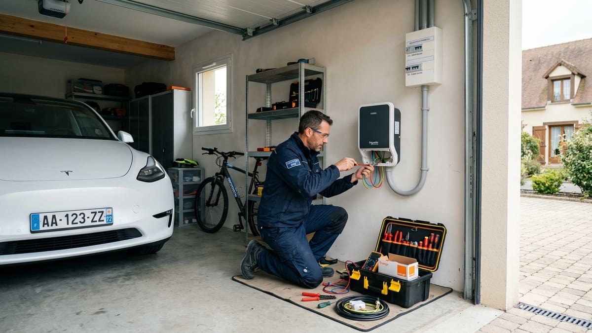Électricien IRVE installant une Wallbox dans un garage en France